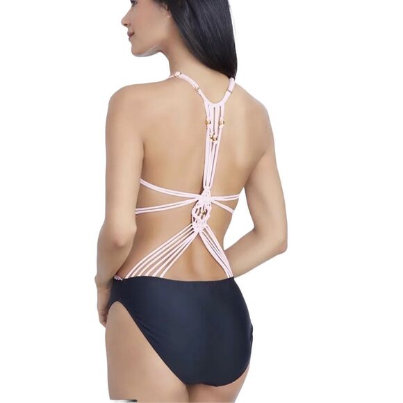 Ibiza swim bathing suit women’s Small one piece black with pink trim strappy - Picture 2 of 8